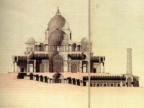 Проект храма Христа Спасителя, разрез. 1817 г. Архитектор А. Витберг Бумага, тушь, акварель.
